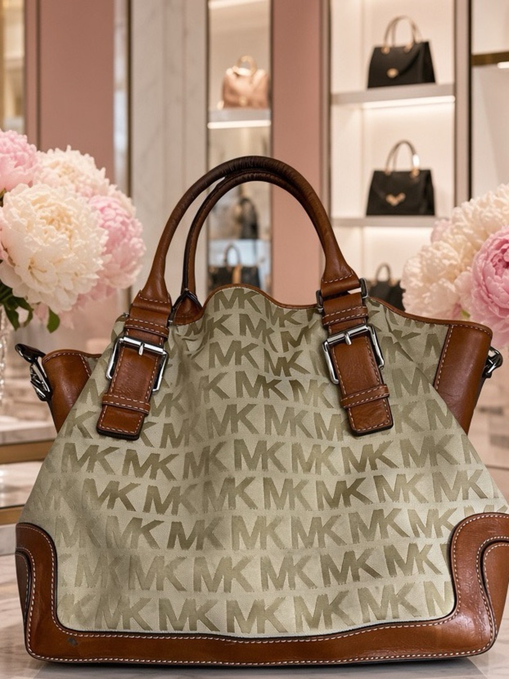 Michael Kors Beige MK Logo Tote with Brown Leather Trim